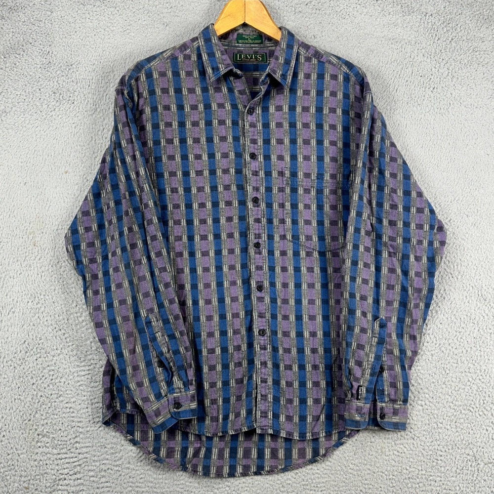 VINTAGE Levis Sutter Creek Men Button Up Shirt Large Blue Purple Check Black Tab - Picture 4 of 11